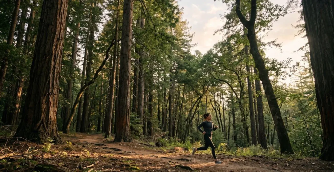 Personne en pleine activité physique dans un environnement naturel, symbolisant l'équilibre entre mouvement et bien-être mental