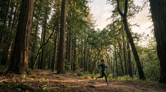 Personne en pleine activité physique dans un environnement naturel, symbolisant l'équilibre entre mouvement et bien-être mental