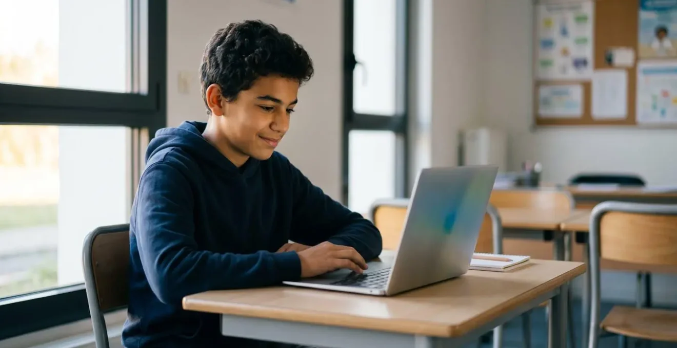Élève concentré travaillant sur une plateforme numérique d'apprentissage adaptatif dans un environnement scolaire français