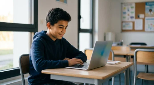 Élève concentré travaillant sur une plateforme numérique d'apprentissage adaptatif dans un environnement scolaire français