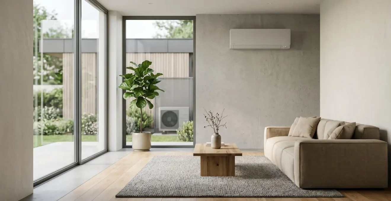 Intérieur moderne avec système de climatisation réversible intégré, atmosphère confortable et économique