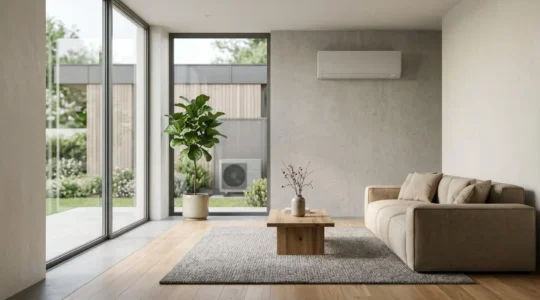 Intérieur moderne avec système de climatisation réversible intégré, atmosphère confortable et économique