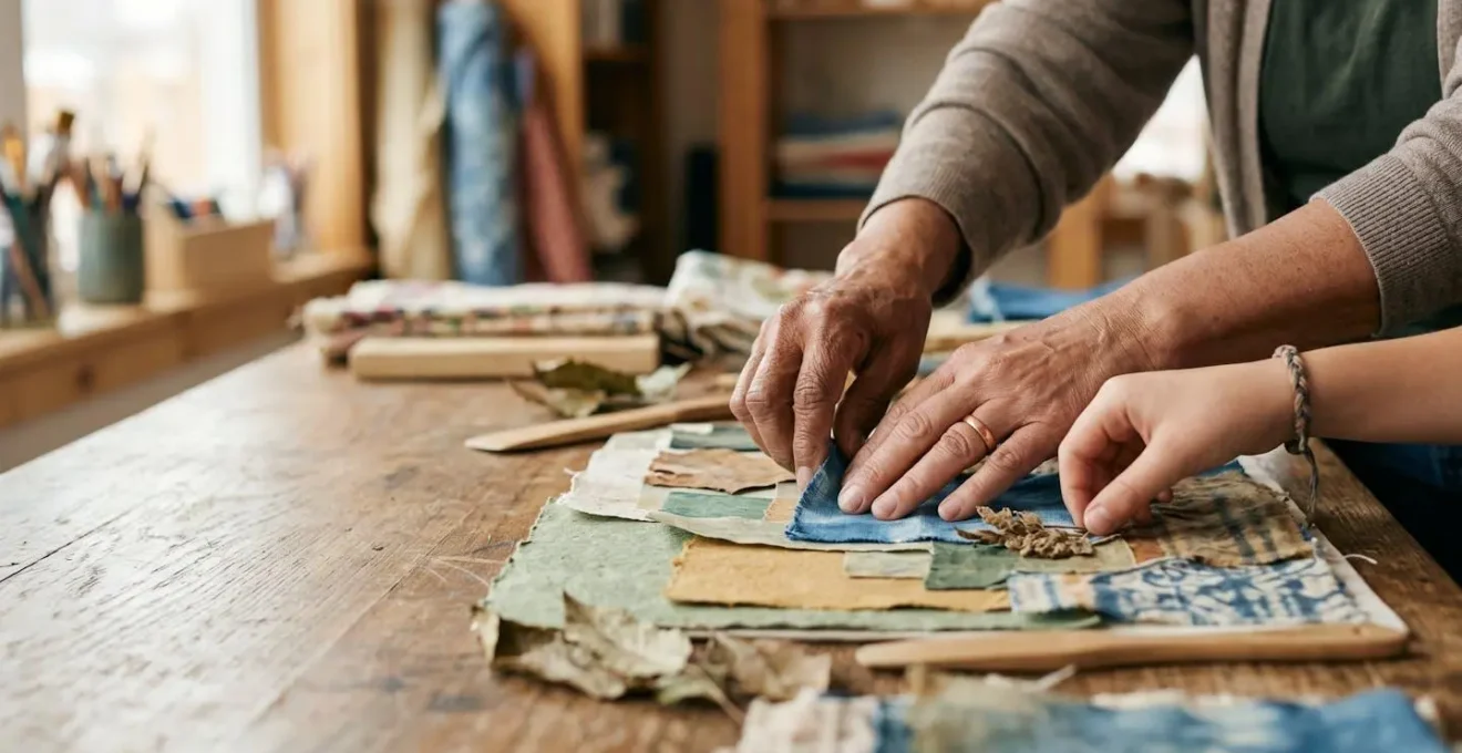 Mains de personnes de différentes générations se rejoignant au-dessus d'une table de travail collaborative, symbolisant la cohésion sociale par la culture
