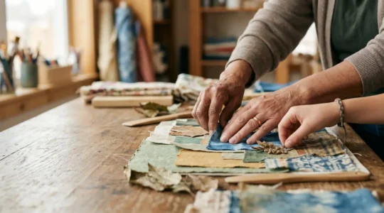 Mains de personnes de différentes générations se rejoignant au-dessus d'une table de travail collaborative, symbolisant la cohésion sociale par la culture