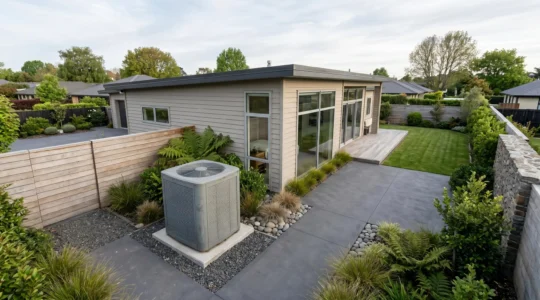 Installation professionnelle d'une pompe à chaleur en environnement résidentiel avec respect du voisinage