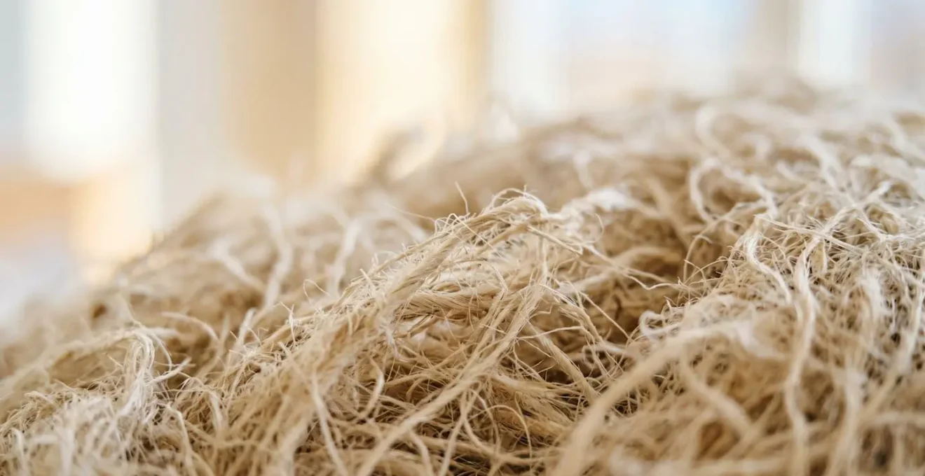 Gros plan sur des fibres d'isolation biosourcée dans un intérieur sain et lumineux