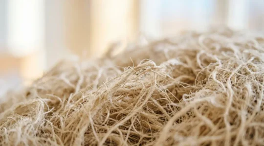 Gros plan sur des fibres d'isolation biosourcée dans un intérieur sain et lumineux