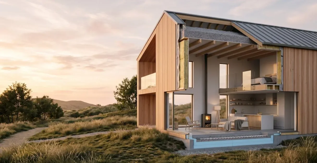 Coupe architecturale d'une maison montrant l'isolation thermique des combles et des murs avec détails techniques