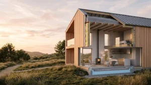 Coupe architecturale d'une maison montrant l'isolation thermique des combles et des murs avec détails techniques