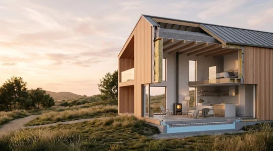 Coupe architecturale d'une maison montrant l'isolation thermique des combles et des murs avec détails techniques