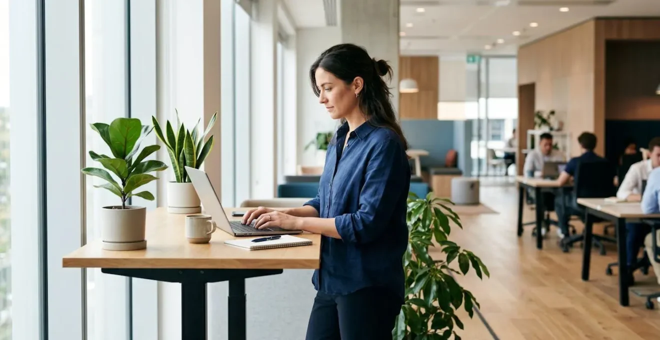 Professionnel debout a son bureau ajustable dans un environnement de travail moderne et lumineux