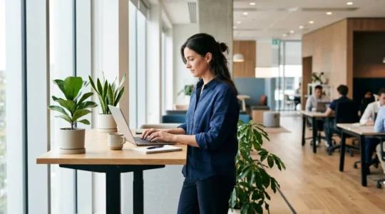 Professionnel debout a son bureau ajustable dans un environnement de travail moderne et lumineux