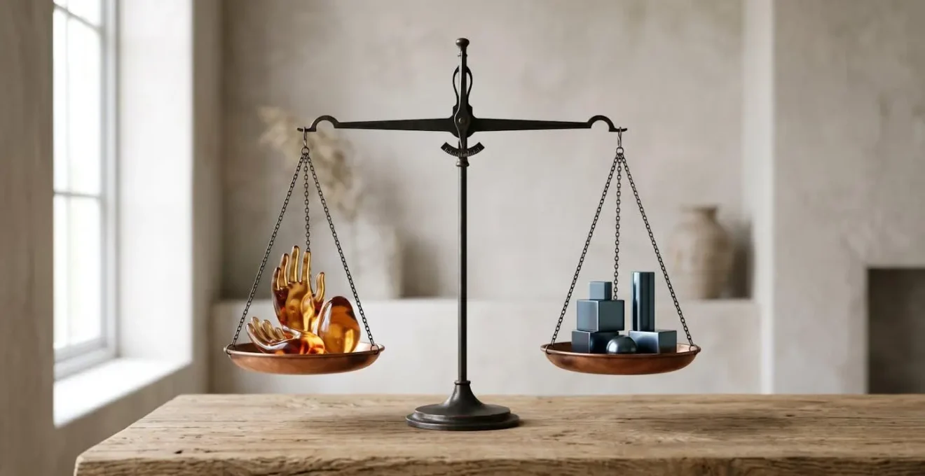 Composition minimaliste représentant l'équilibre entre émotion et raison dans l'investissement financier