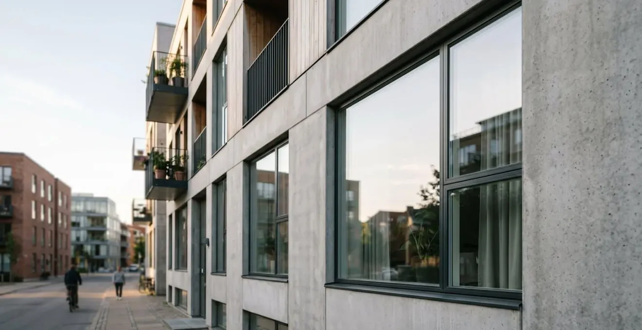 Fenêtre moderne installée dans une façade urbaine avec isolation phonique et sécurité renforcée