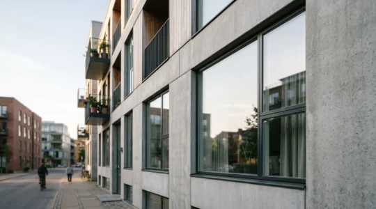 Fenêtre moderne installée dans une façade urbaine avec isolation phonique et sécurité renforcée