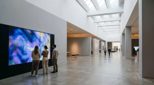 Espace muséal contemporain avec visiteurs en interaction avec des dispositifs numériques immersifs