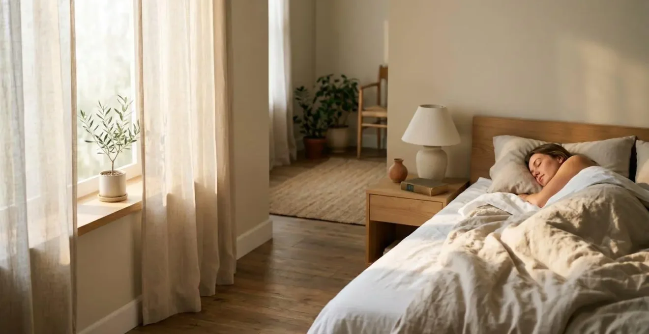 Une personne paisible dans un environnement de chambre minimaliste baigné de lumière naturelle douce, symbolisant un sommeil réparateur et optimisé