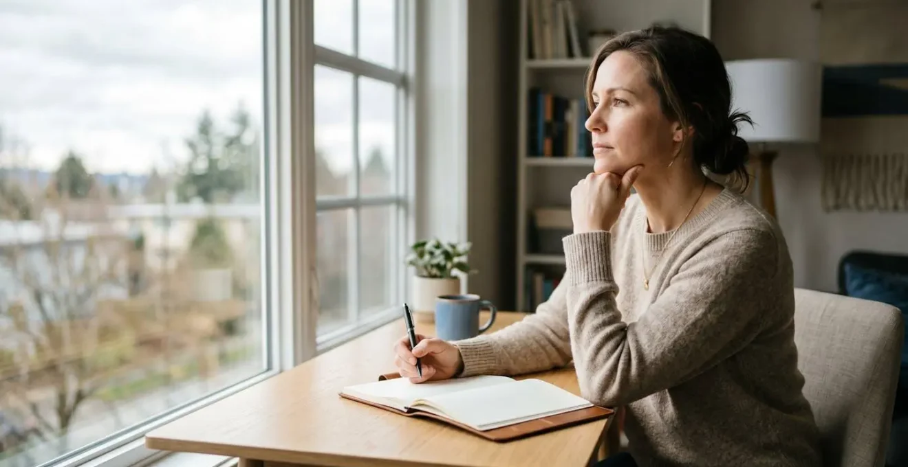 Professionnel en réflexion dans un environnement de travail lumineux illustrant l'introspection cognitive