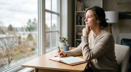 Professionnel en réflexion dans un environnement de travail lumineux illustrant l'introspection cognitive