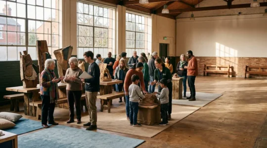 Une scène de médiation culturelle inclusive dans un espace public transformé en lieu d'échange artistique