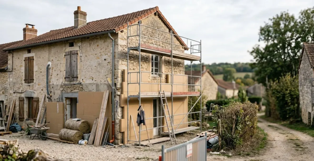 Vue d'ensemble d'une maison individuelle en cours de rénovation énergétique en France