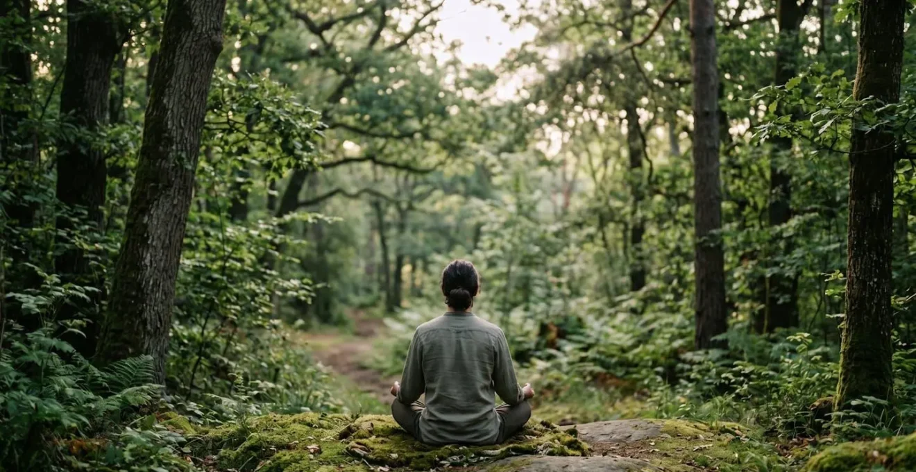 Personne pratiquant la méditation en pleine nature illustrant l'équilibre entre corps, esprit et environnement