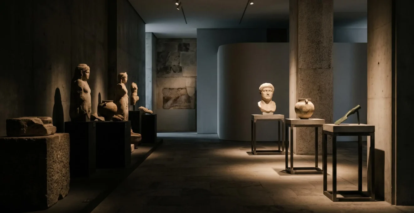 Espace muséal historique illuminé par un éclairage dynamique révélant progressivement des objets d'époque dans une atmosphère immersive