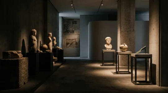 Espace muséal historique illuminé par un éclairage dynamique révélant progressivement des objets d'époque dans une atmosphère immersive