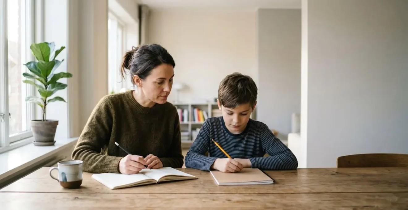 Parent et enfant travaillant ensemble dans une atmosphère sereine et collaborative à la maison
