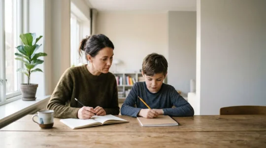 Parent et enfant travaillant ensemble dans une atmosphère sereine et collaborative à la maison
