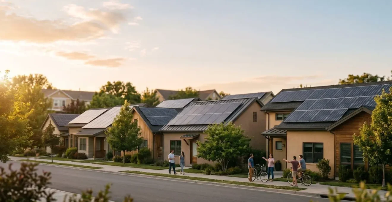 Vue grand angle d'une communauté locale autour d'une installation énergétique renouvelable avec espace négatif