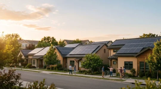 Vue grand angle d'une communauté locale autour d'une installation énergétique renouvelable avec espace négatif