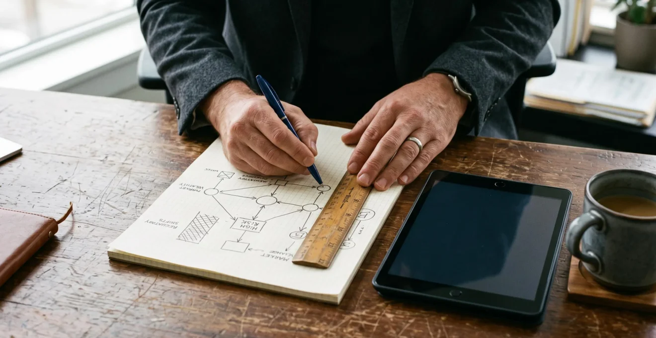 Un courtier dessine une carte des risques sur un carnet posé sur son bureau.