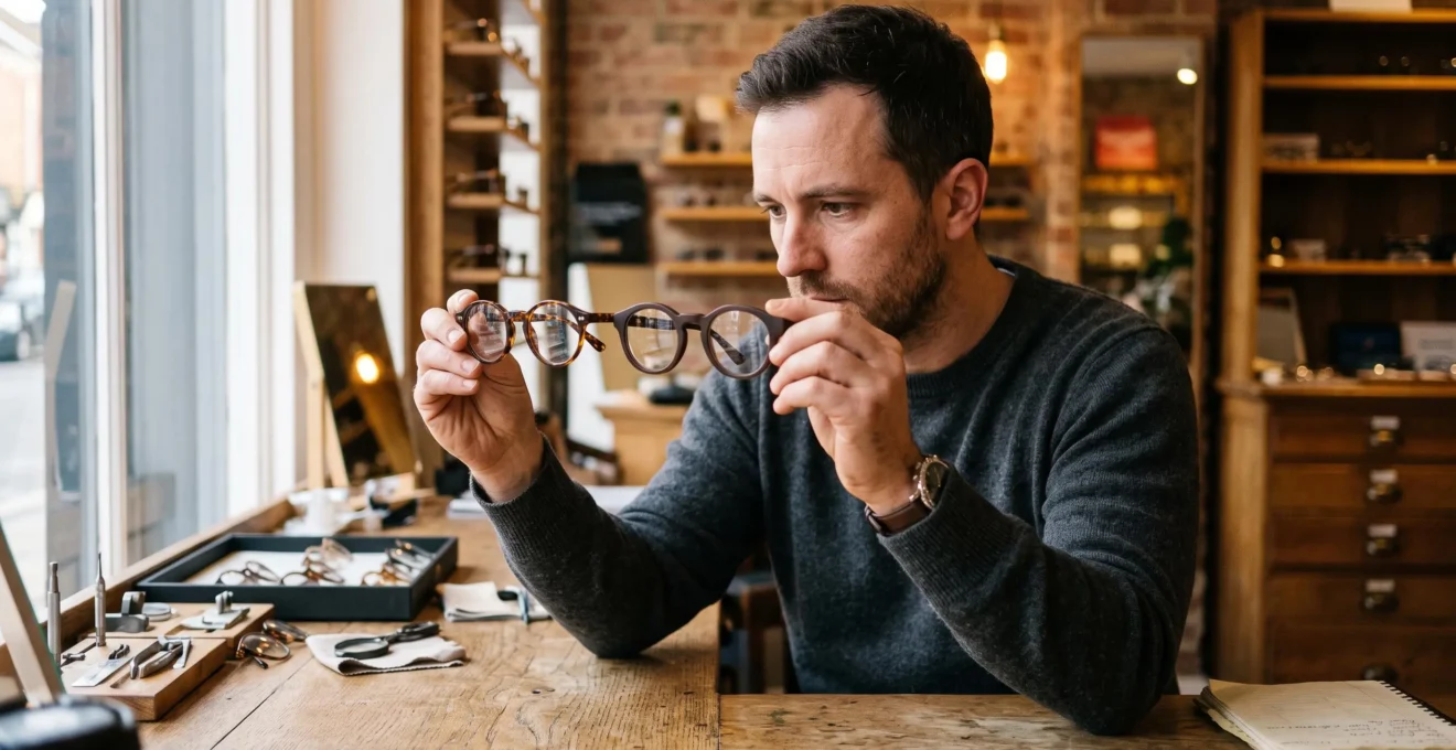Un client compare le diamètre de deux montures rondes en magasin.