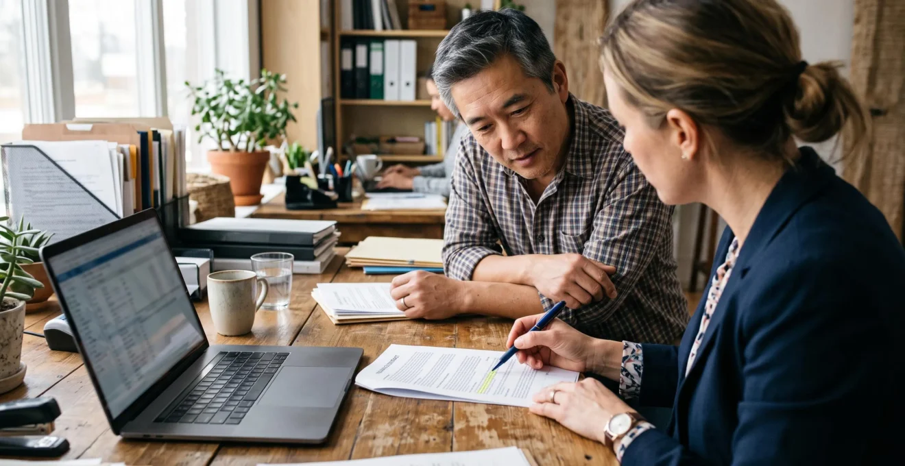 Un courtier et un dirigeant d'entreprise analysent un contrat d'assurance au bureau.