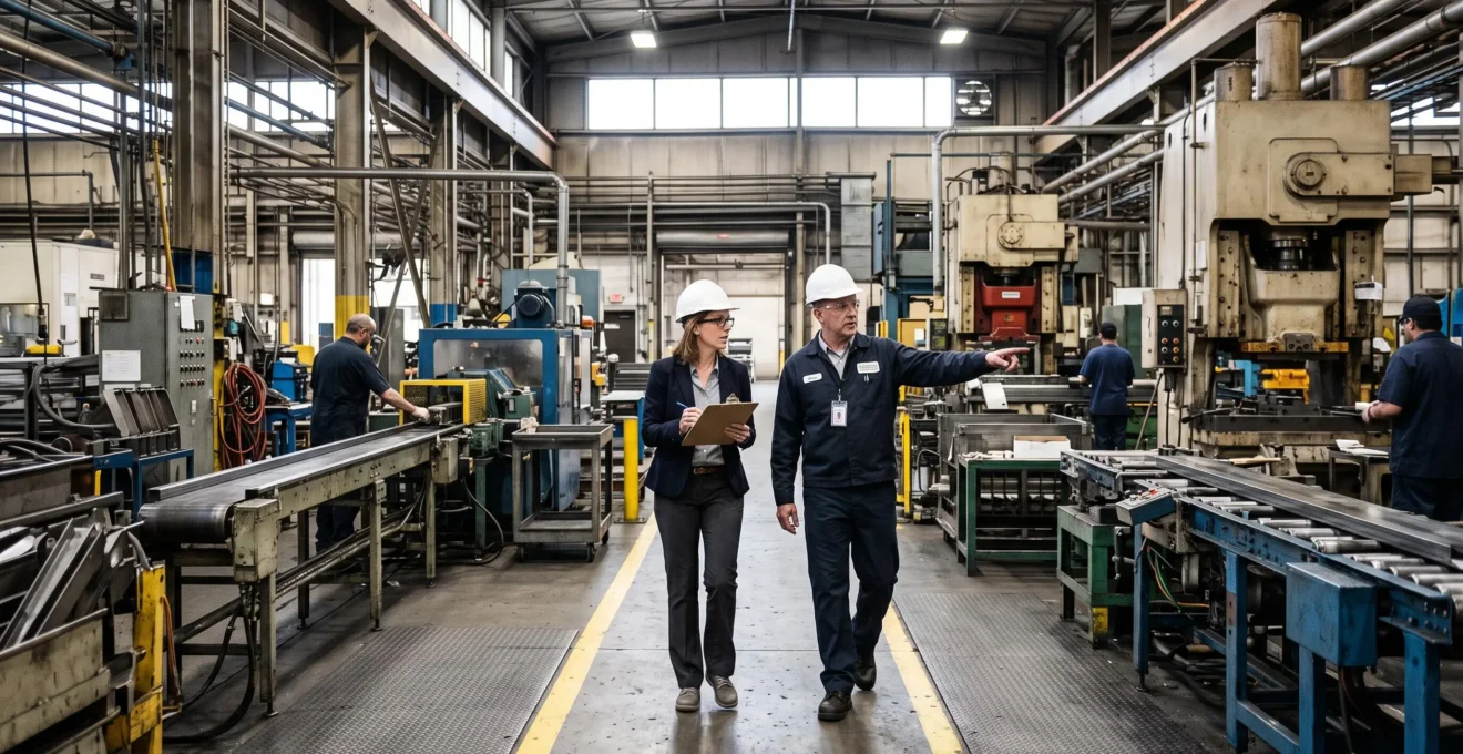 Un courtier en assurance observe les machines d'une usine avec le responsable de production.