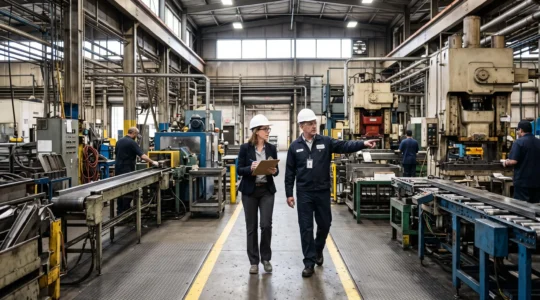 Un courtier en assurance observe les machines d'une usine avec le responsable de production.
