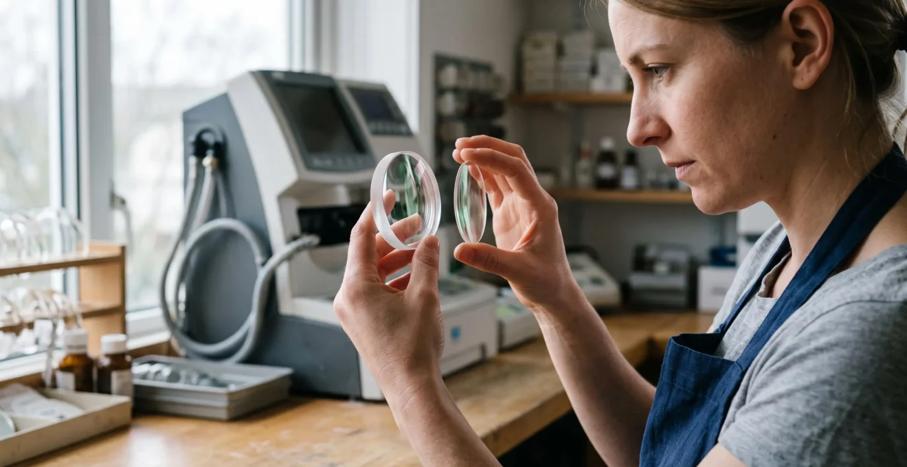 Un opticien compare l'épaisseur de deux verres correcteurs à la lumière.
