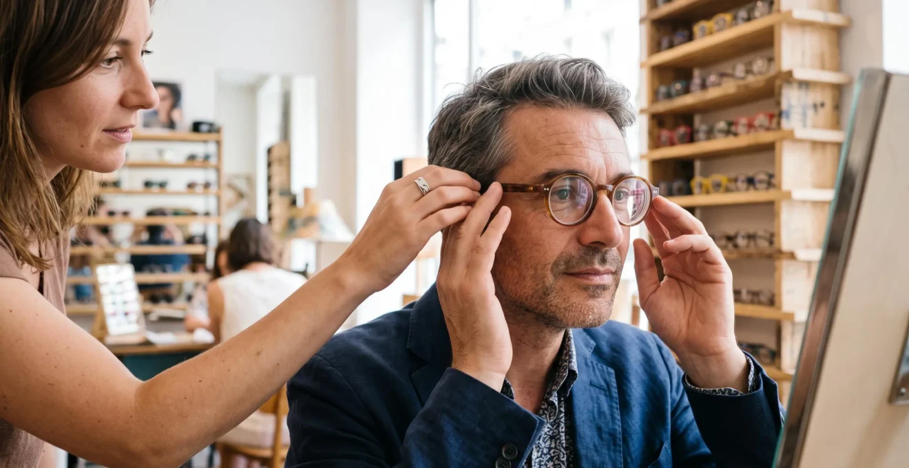 Un homme essaie une monture de lunettes rondes chez un opticien.