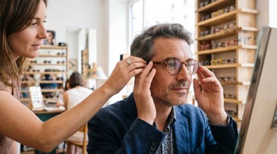Un homme essaie une monture de lunettes rondes chez un opticien.