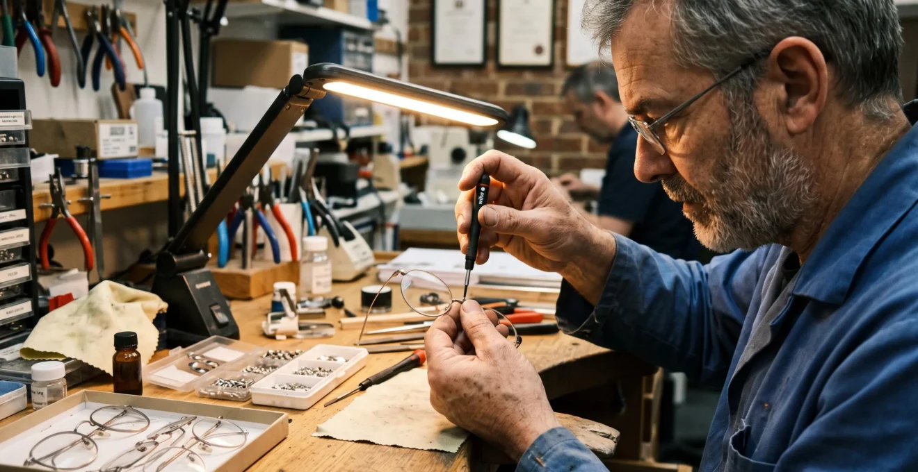 Un opticien visse un verre rond dans une monture fine à son atelier.